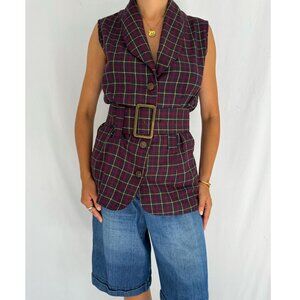 90s vintage red plaid retro prep school collared button up top buckle belt vest